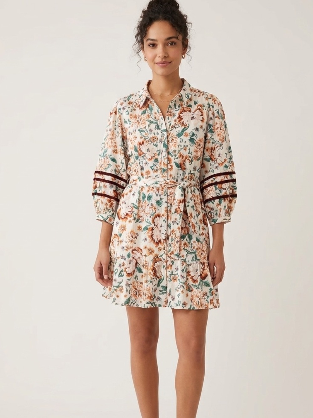 LC Lauren Conrad Cream Floral Button-Front Dress with Rust & Teal Accents